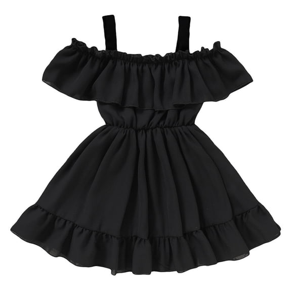 AINIYS Girls Off-The-Shoulder Dress With Elastic Neckline And Front Tie Closure Flowy Skirt For Spring Outing And Garden Party Black 4-5Years