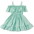 thumbnail image 1 of AINIYS Girls Off-The-Shoulder Dress With Elastic Neckline And Front Tie Closure Flowy Skirt For Spring Outing And Garden Party Green 3-4Years, 1 of 4