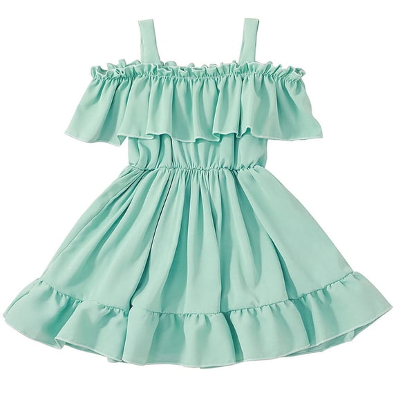 AINIYS Girls Off-The-Shoulder Dress With Elastic Neckline And Front Tie Closure Flowy Skirt For Spring Outing And Garden Party Green 3-4Years