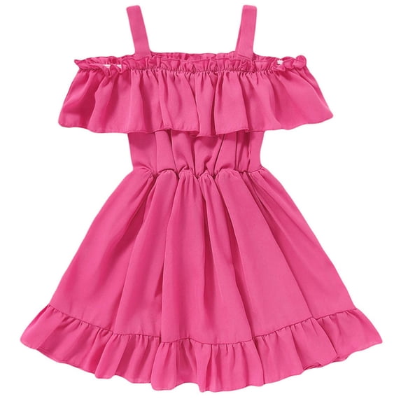 AINIYS Girls Off-The-Shoulder Dress With Elastic Neckline And Front Tie Closure Flowy Skirt For Spring Outing And Garden Party Hot Pink 5-6Years