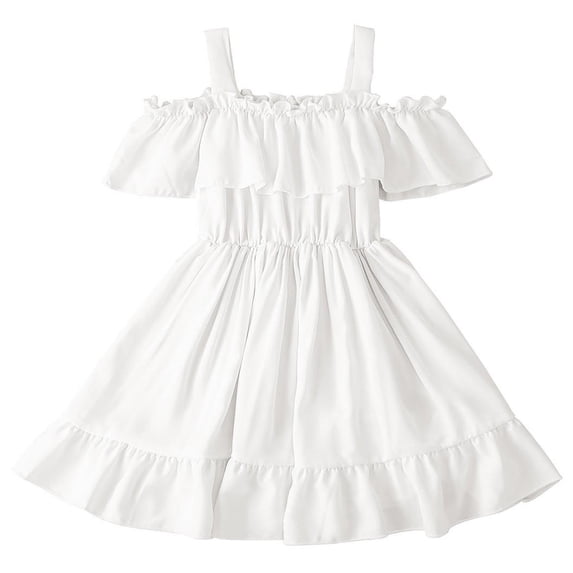 AINIYS Girls Off-The-Shoulder Dress With Elastic Neckline And Front Tie Closure Flowy Skirt For Spring Outing And Garden Party White 2-3Years