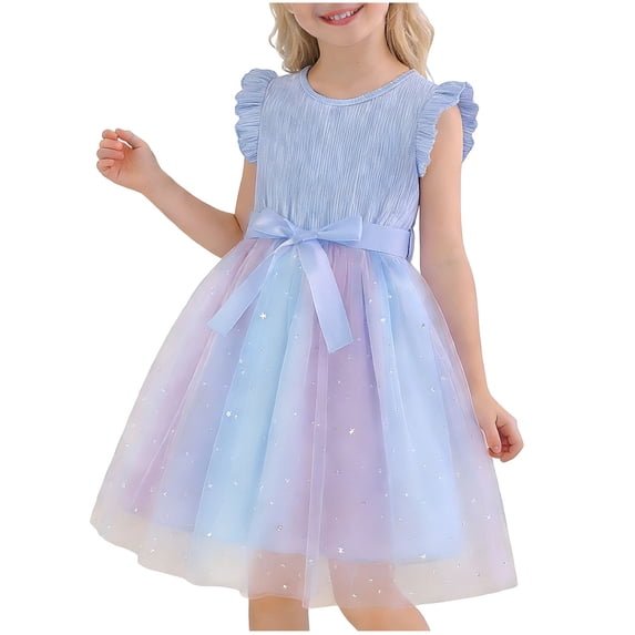 AINIYS Girls Ombre Skater Dress With Crew Neck And Front Button Closure Lightweight Chiffon For Spring Outing And Birthday Party Light Blue 1-2 Years