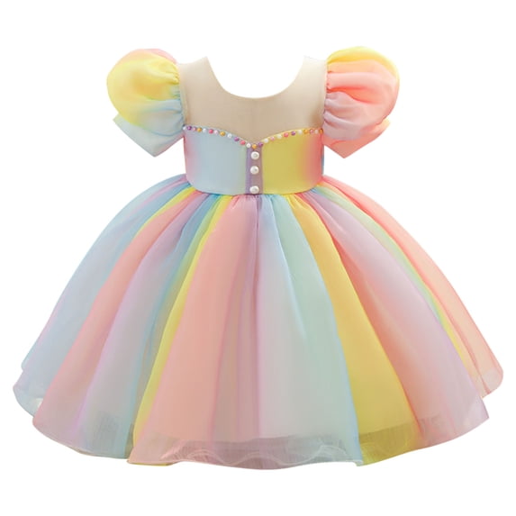 AINIYS Girls Rainbow Tulle Princess Dress With Crew Neck And Hidden Back Zipper Ruffled Skirt For Costume Party And Playtime Multicolor 3-4Years