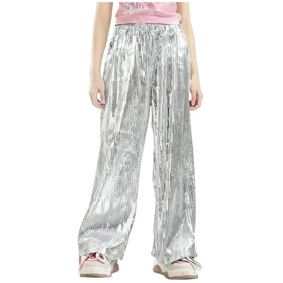 AINIYS Girls Sequined Pants with Pockets Elastic Waistband Comfy Kids' Dance Wear Stylish for Kids Clothing Suitable for Ages 3-15 Silver 14-15 Years