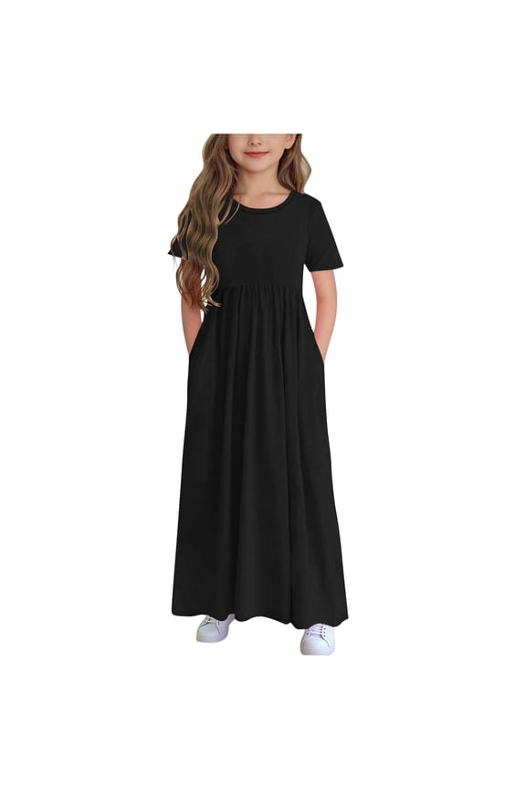 Girls Short Sleeve A-Line Dress With Crew Neck And Hidden Back Zipper Flowy Chiffon For Wedding Guest And Formal Occasion Black 10-11 Years