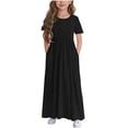thumbnail image 1 of AINIYS Girls Short Sleeve A-Line Dress With Crew Neck And Hidden Back Zipper Flowy Chiffon For Wedding Guest And Formal Occasion Black 4-5 Years, 1 of 5