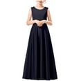 thumbnail image 1 of AINIYS Girls Short Sleeve A-Line Maxi Dress With Crew Neck And Hidden Back Zipper Satin Finish For Wedding Guest And Formal Event Navy 4-5Years, 1 of 5