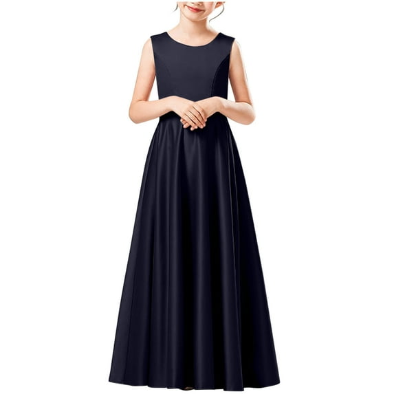 AINIYS Girls Short Sleeve A-Line Maxi Dress With Crew Neck And Hidden Back Zipper Satin Finish For Wedding Guest And Formal Event Navy 4-5Years