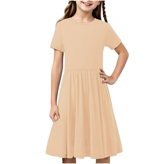AINIYS Girls Short Sleeve Flared A-Line Dress With Crew Neck And Hidden Back Zipper Lightweight Fabric For Casual Daily And Celebration Beige 4 Years