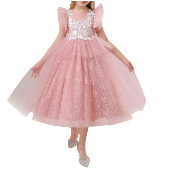 AINIYS Girls Short Sleeve Lace Trimmed Dress With Crew Neck And Hidden Back Zipper Flowy Skirt For Wedding Guest And Tea Party Pink 6 Years