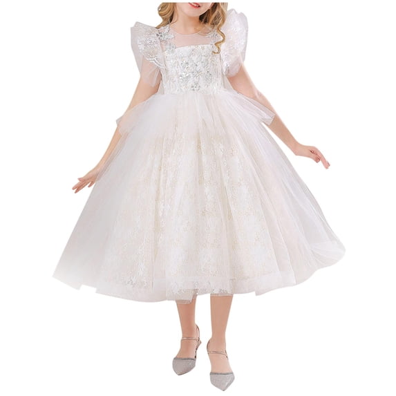 AINIYS Girls Short Sleeve Lace Trimmed Dress With Crew Neck And Hidden Back Zipper Flowy Skirt For Wedding Guest And Tea Party White 14 Years