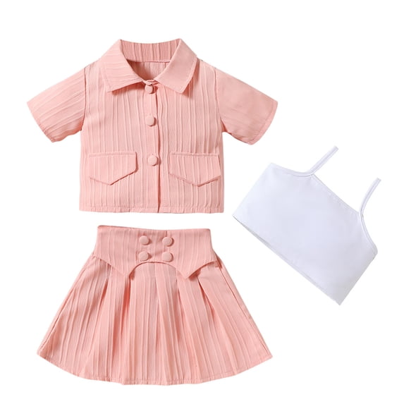 AINIYS Girls Short Sleeve Lapel Collar Button Closure Preppy Cute Breathable Two Piece Shirt And Pleated Skirt Set For School Party Daily Pink 18 Years