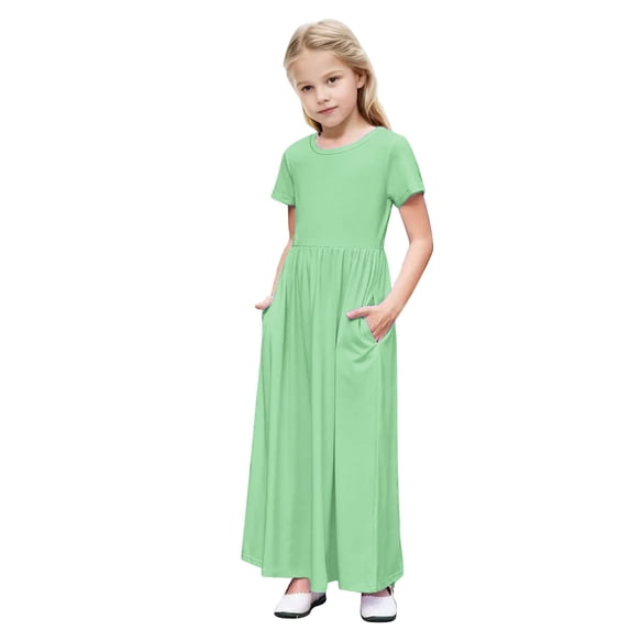 AINIYS Girls Short Sleeve Maxi A-Line Dress With Crew Neck And Hidden Back Zipper Lightweight Fabric For Casual Daily And Celebration Mint Green 5 Years