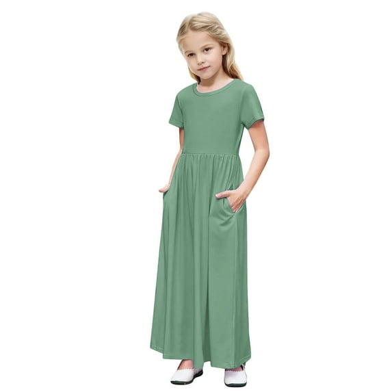 AINIYS Girls Short Sleeve Maxi A-Line Dress With Crew Neck And Hidden Back Zipper Lightweight Fabric For Casual Daily And Celebration Green 4 Years