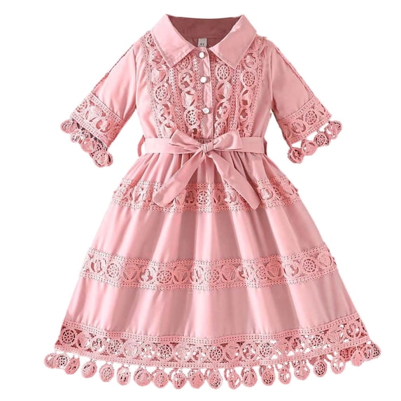 AINIYS Girls Short Sleeve Polka Dot A-Line Dress With Crew Neck And Hidden Back Zipper Lightweight Fabric For Casual Daily And Tea Party Pink 2 Years