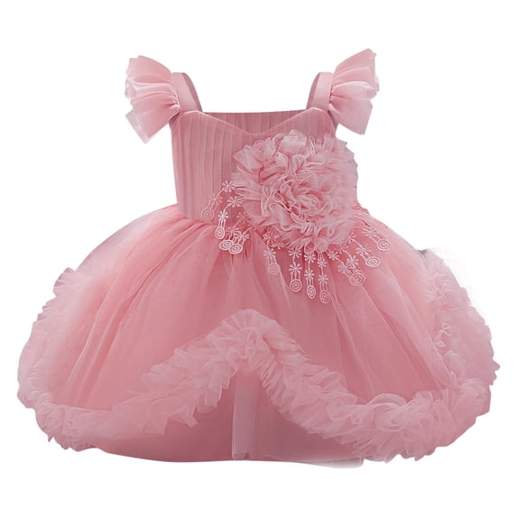 AINIYS Girls Short Sleeve Ruffled Tulle Dress With Crew Neck And Hidden Back Zipper Flowy Skirt For Casual Daily And Tea Party Pink 2 Years