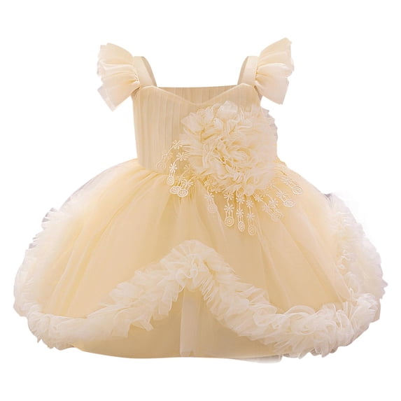AINIYS Girls Short Sleeve Ruffled Tulle Dress With Crew Neck And Hidden Back Zipper Flowy Skirt For Casual Daily And Tea Party Yellow 2 Years