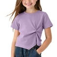 thumbnail image 1 of AINIYS Girls Short Sleeve Tee Knot Hem Round Neck Pullover Soft Stretch Casual Daily Vacation Wear Purple 3-4Years, 1 of 6