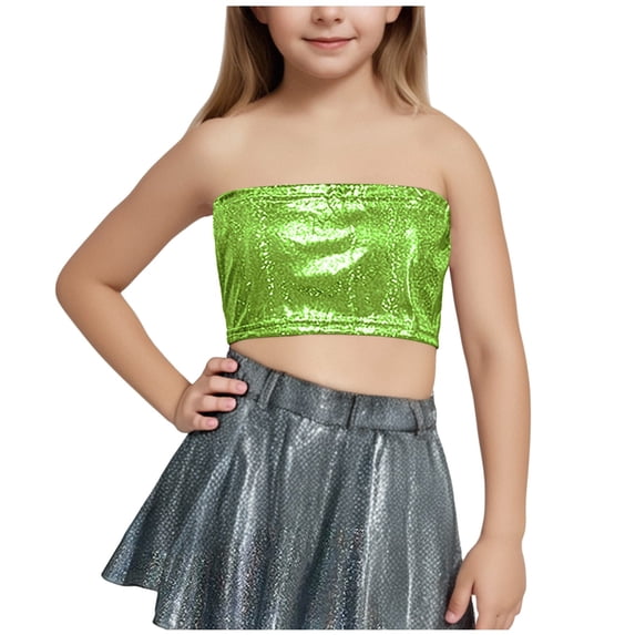 AINIYS Girls Short Sleeve Tee One Shoulder Shiny Metallic Fashion Pullover Comfortable Stretch Stage Performance Daily Outfit Green 13 Years