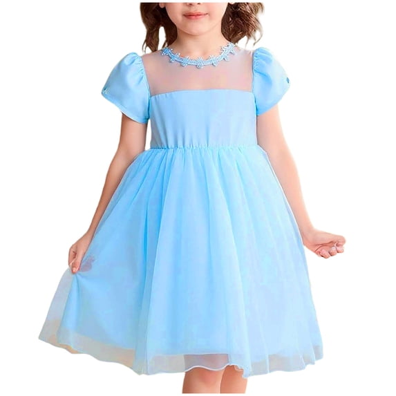 AINIYS Girls Short Sleeve Tulle A-Line Dress With Crew Neck And Hidden Back Zipper Lightweight Fabric For Princess Party And Pageant Blue 5 Years