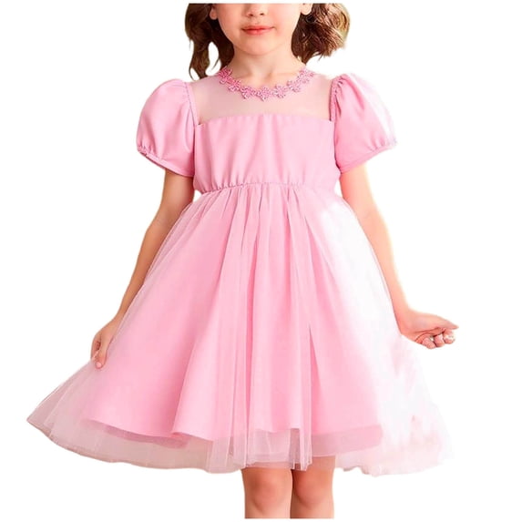 AINIYS Girls Short Sleeve Tulle A-Line Dress With Crew Neck And Hidden Back Zipper Lightweight Fabric For Princess Party And Pageant Pink 5 Years