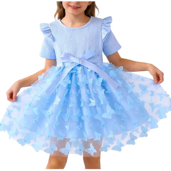 AINIYS Girls Short Sleeve Tulle Dress With Crew Neck And Hidden Back Zipper Flowy Skirt For Princess Party And Pageant Light Blue 3-4 Years