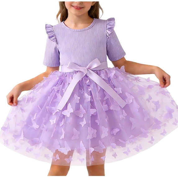 AINIYS Girls Short Sleeve Tulle Dress With Crew Neck And Hidden Back Zipper Flowy Skirt For Princess Party And Pageant Purple 3-4 Years