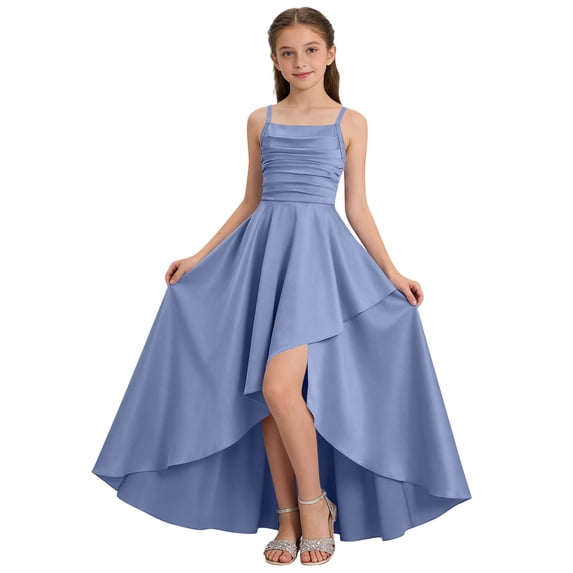 AINIYS Girls Sleeveless Asymmetrical Hem Dress With Crew Neck And Hidden Back Zipper Satin Finish For Formal Event And Pageant Blue 7-8 Years