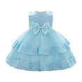 thumbnail image 1 of AINIYS Girls Sleeveless Bow Accent A-Line Dress With Hidden Back Zipper Lightweight Fabric For Birthday Party And Celebration Blue 18 Months, 1 of 9