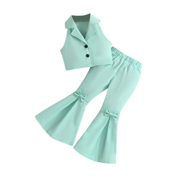AINIYS Girls Sleeveless Crew Neck Pullover Bow Accent Stretchy Cute Two Piece Top And Wide Leg Pants Set For Party Shopping Daily Green 4 Years