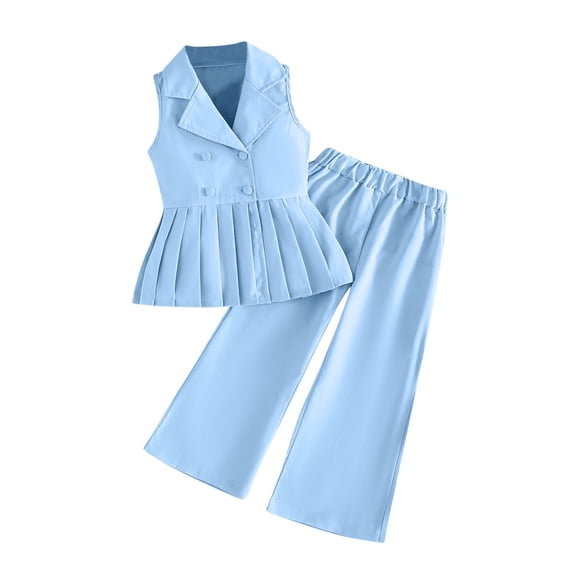 AINIYS Girls Sleeveless Crew Neck Pullover Elastic Waist Loose Breathable Two Piece Top And Wide Leg Pants Set For Summer Outdoor Play Light Blue 7-8Years