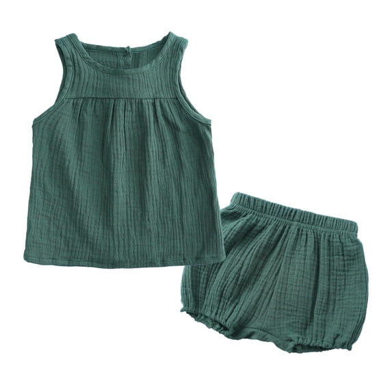 AINIYS Girls Sleeveless Crew Neck Pullover Ruffled Trim Cute Stretchy Two Piece Top And Shorts Set For Playtime Daily Wear Home Green 2 Years
