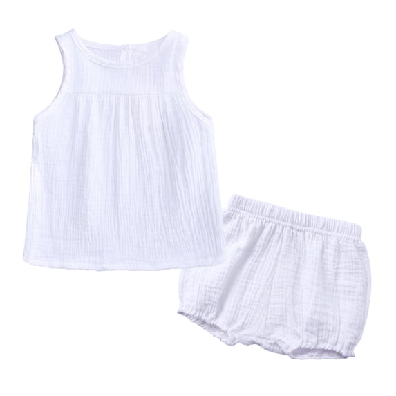 AINIYS Girls Sleeveless Crew Neck Pullover Ruffled Trim Cute Stretchy Two Piece Top And Shorts Set For Playtime Daily Wear Home White 6 Months