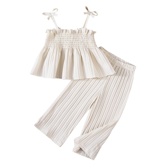AINIYS Girls Sleeveless Crew Neck Pullover Striped Print Tiered Ruffle Flowy Two Piece Top And Skirt Set For Party Beach Daily Beige 2 Years