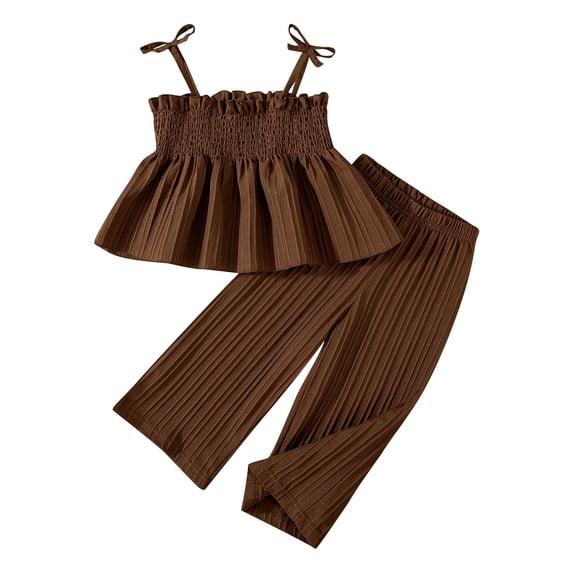 AINIYS Girls Sleeveless Crew Neck Pullover Striped Print Tiered Ruffle Flowy Two Piece Top And Skirt Set For Party Beach Daily Brown 4 Years