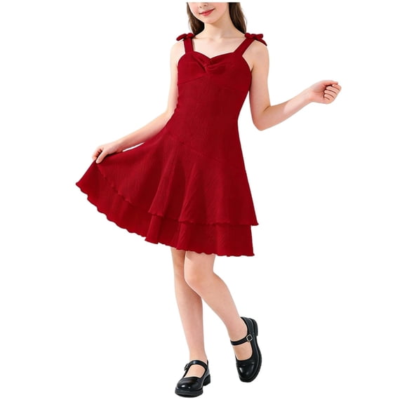 AINIYS Girls Sleeveless Flared A-Line Dress With Crew Neck And Hidden Back Zipper Lightweight Fabric For Party And Celebration Red 12-13 Years