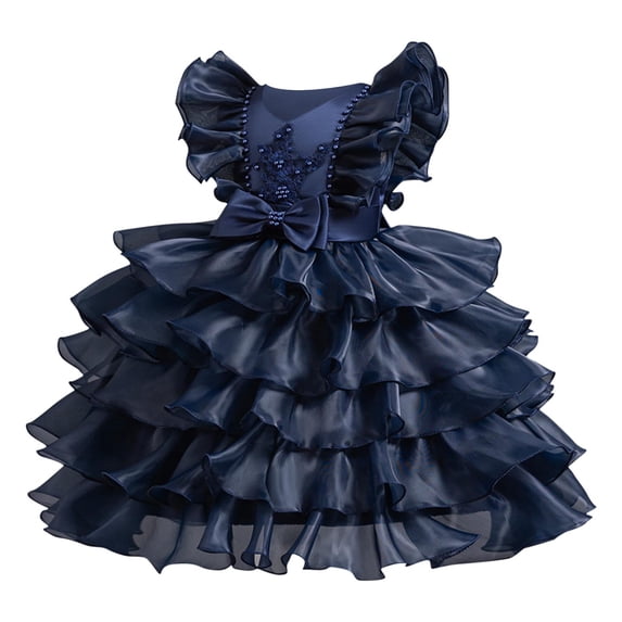 AINIYS Girls Sleeveless Lace Trimmed Tulle Dress With Crew Neck And Hidden Back Zipper Ruffled Skirt For Birthday Party And Celebration Navy 3 Years