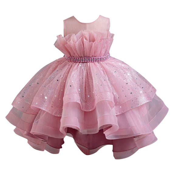 AINIYS Girls Sleeveless Lace Trimmed Tulle Dress With Crew Neck And Hidden Back Zipper Ruffled Skirt For Princess Party And Pageant Hot Pink 7-8Years