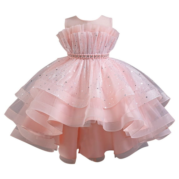 AINIYS Girls Sleeveless Lace Trimmed Tulle Dress With Crew Neck And Hidden Back Zipper Ruffled Skirt For Princess Party And Pageant Pink 9-10Years