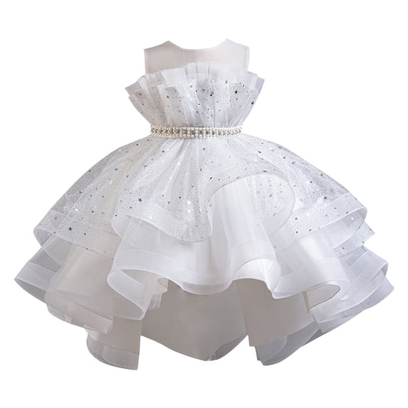 AINIYS Girls Sleeveless Lace Trimmed Tulle Dress With Crew Neck And Hidden Back Zipper Ruffled Skirt For Princess Party And Pageant White 7-8Years