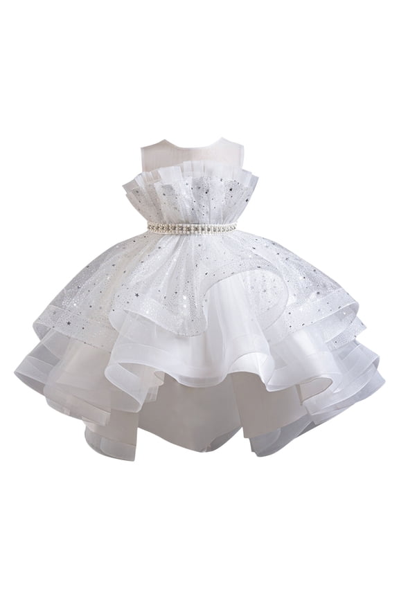 Girls Sleeveless Lace Trimmed Tulle Dress With Crew Neck And Hidden Back Zipper Ruffled Skirt For Princess Party And Pageant White 7-8Years