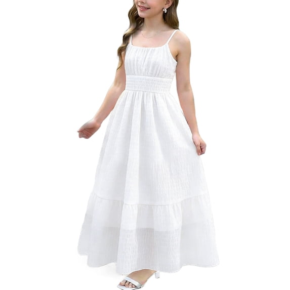 AINIYS Girls Sleeveless Maxi A-Line Dress With Crew Neck And Hidden Back Zipper Lightweight Fabric For Wedding Guest And Formal Event White 7-8Years
