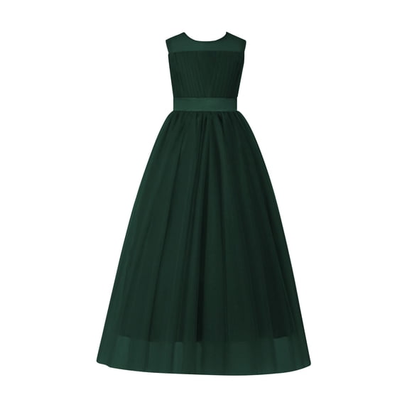 AINIYS Girls Sleeveless Maxi Tulle Dress With Crew Neck And Hidden Back Zipper Flowy Skirt For Wedding Flower Girl And Formal Event Army Green 2-3 Years