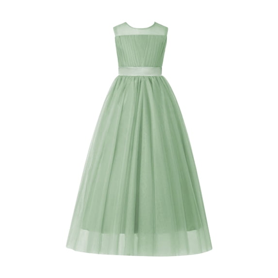 AINIYS Girls Sleeveless Maxi Tulle Dress With Crew Neck And Hidden Back Zipper Flowy Skirt For Wedding Flower Girl And Formal Event Green 3-4Years