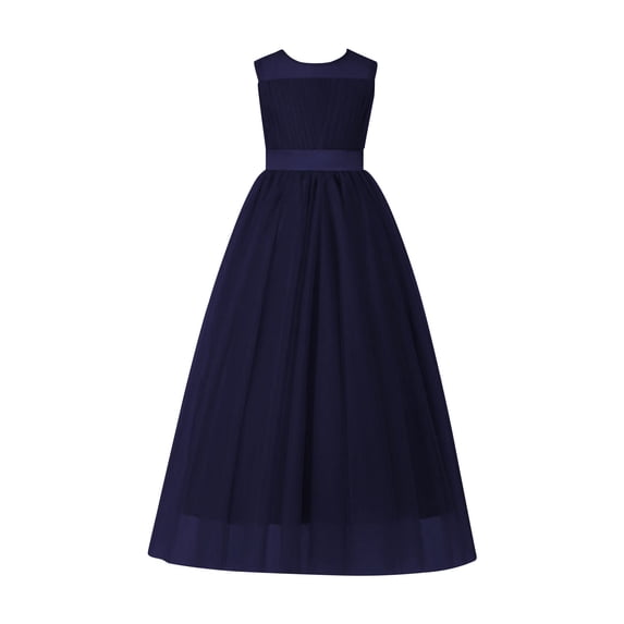 AINIYS Girls Sleeveless Maxi Tulle Dress With Crew Neck And Hidden Back Zipper Flowy Skirt For Wedding Flower Girl And Formal Event Navy 0-1Years