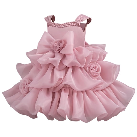 AINIYS Girls Sleeveless Multi-Layered Ruffled Tulle Dress With Hidden Back Zipper Flowy Skirt For Dance Recital And Performance Pink 2 Years