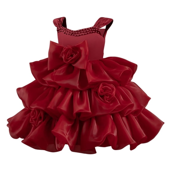 AINIYS Girls Sleeveless Multi-Layered Ruffled Tulle Dress With Hidden Back Zipper Flowy Skirt For Dance Recital And Performance Red 3 Years