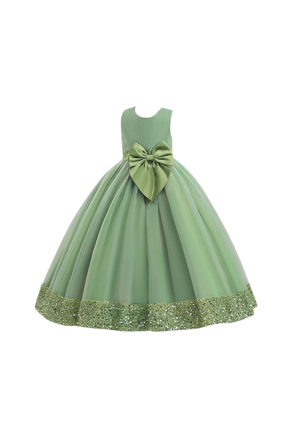 Girls Sleeveless Satin Ball Gown Dress With Crew Neck And Hidden Back Zipper Flowy Skirt For Wedding Flower Girl And Formal Occasion Green 5-6Years