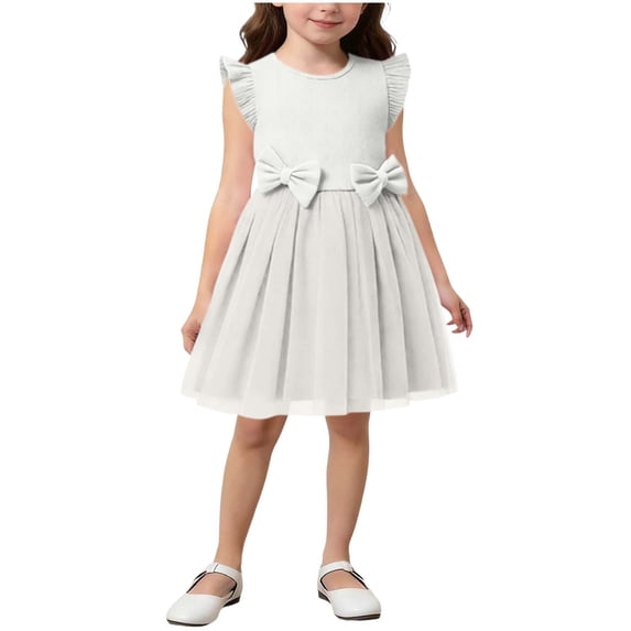 AINIYS Girls Sleeveless Sequin Tulle Dress With Crew Neck And Hidden Back Zipper Ruffled Skirt For Dance Recital And Performance White 5-6 Years