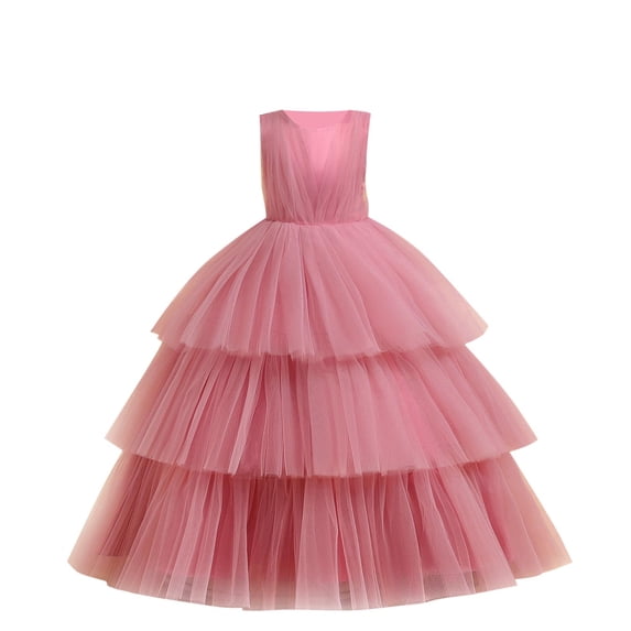 AINIYS Girls Sleeveless Tiered Tulle Dress With Crew Neck And Hidden Back Zipper Ruffled Skirt For Dance Recital And Holiday Gathering Hot Pink 11 Years
